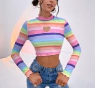 Lettuce Trim Heart Cutout Rainbow Striped Top