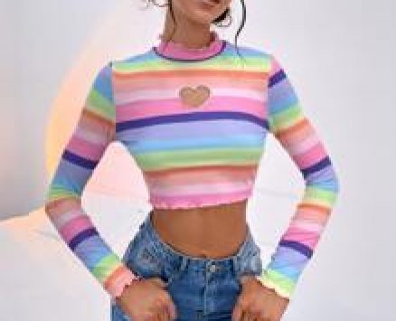Lettuce Trim Heart Cutout Rainbow Striped Top
