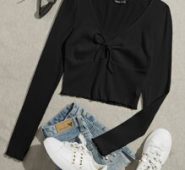 Lettuce Trim Knot Front Rib-knit Tee