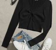 Lettuce Trim Knot Front Rib-knit Tee