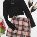 Lettuce Trim Rib-knit Tee & Split Hem Plaid Skirt Set