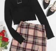 Lettuce Trim Rib-knit Tee & Split Hem Plaid Skirt Set