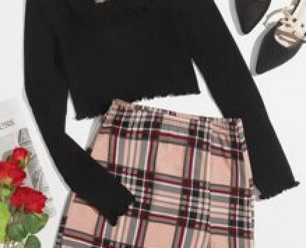 Lettuce Trim Rib-knit Tee & Split Hem Plaid Skirt Set