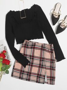 Lettuce Trim Rib-knit Tee & Split Hem Plaid Skirt Set