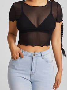 Lettuce Trim Sheer Mesh Crop Top Without Bra