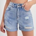 Light Wash Ripped Detail Cuffed Denim Shorts