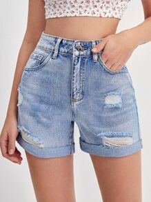 Light Wash Ripped Detail Cuffed Denim Shorts