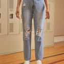 Light Wash Ripped Detail Straight Leg Jeans