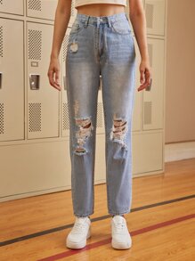 Light Wash Ripped Detail Straight Leg Jeans