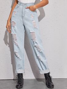 Light Wash Ripped Distressed Mom Jeans