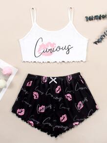 Lip & Letter Graphic Lettuce Trim Cami PJ Set