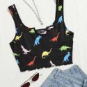 Little Dinosaur Print Lettuce Trim Crop Tank Top