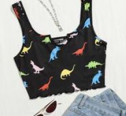 Little Dinosaur Print Lettuce Trim Crop Tank Top