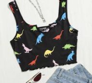 Little Dinosaur Print Lettuce Trim Crop Tank Top