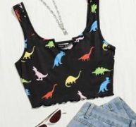 Little Dinosaur Print Lettuce Trim Crop Tank Top