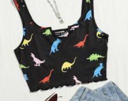 Little Dinosaur Print Lettuce Trim Crop Tank Top