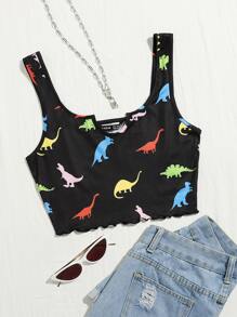 Little Dinosaur Print Lettuce Trim Crop Tank Top