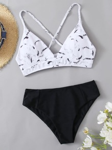 Marble Lace-up Bikini Swimsuit