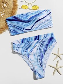 Marble Pattern Bandeau Bikini Swimsuit