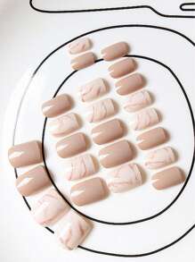 Marble Pattern Fake Nails 24pcs With Tape