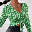 Marble Print Drawstring Ruched Front Crop Top