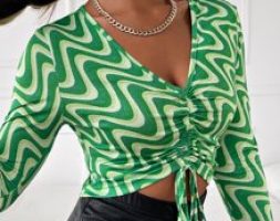 Marble Print Drawstring Ruched Front Crop Top