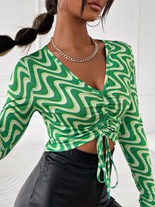 Marble Print Drawstring Ruched Front Crop Top