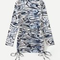 Marble Print Ruched Drawstring Dress