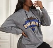 Marled Letter & Basketball Print Drop Shoulder Drawstring Hoodie