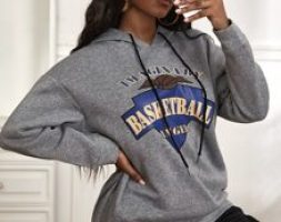 Marled Letter & Basketball Print Drop Shoulder Drawstring Hoodie