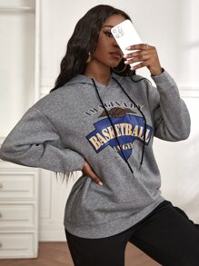 Marled Letter & Basketball Print Drop Shoulder Drawstring Hoodie