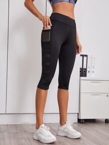 Mesh Insert Solid Biker Shorts With Phone Pocket