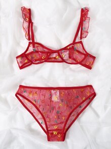 Mesh Letter Sheer Lingerie Set