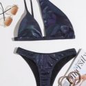 Metallic Asymmetric Neck Bikini Swimsuit