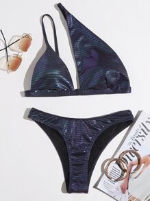 Metallic Asymmetric Neck Bikini Swimsuit