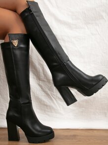 Minimalist Metal Decor Side Zipper Chunky Boots