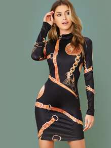 Mock Neck Chain Print Bodycon Dress