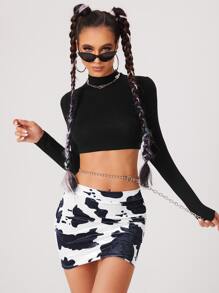 Mock Neck Crop Top & Cow Print Bodycon Skirt