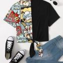 Mock Neck Knot Hem Pop Art Print Spliced Tee