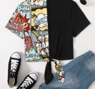 Mock Neck Knot Hem Pop Art Print Spliced Tee