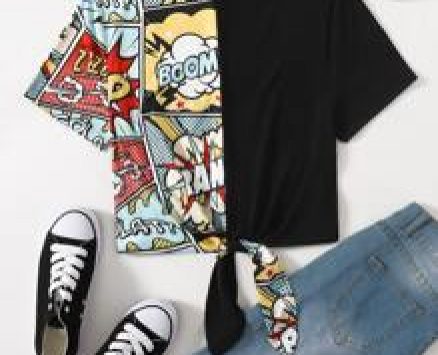Mock Neck Knot Hem Pop Art Print Spliced Tee
