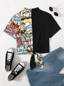 Mock Neck Knot Hem Pop Art Print Spliced Tee