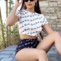 Mock Neck Letter Graphic Crop Top & Shorts Set