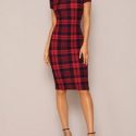 Mock-Neck Plaid Form Fitted Dress