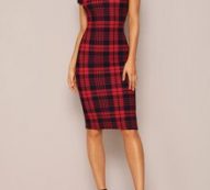 Mock-Neck Plaid Form Fitted Dress
