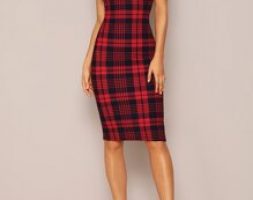 Mock-Neck Plaid Form Fitted Dress
