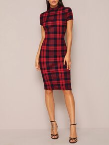 Mock-Neck Plaid Form Fitted Dress