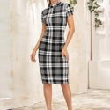 Mock Neck Plaid Pencil Dress