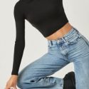 Mock Neck Solid Slim Crop Tee