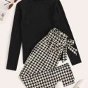 Mock Neck Solid Tee & Belted Houndstooth Pants